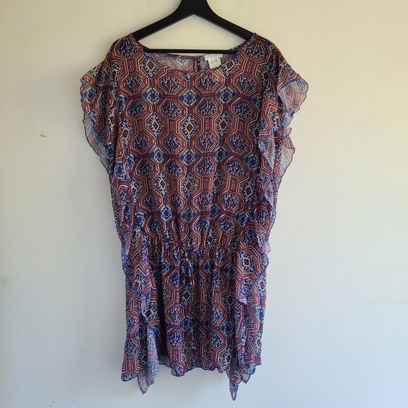 Jessica Simpson Sheer Tunic Blouse L Blue Red Ruffles Sheer Elastic Waist Boho - Picture 2 of 12